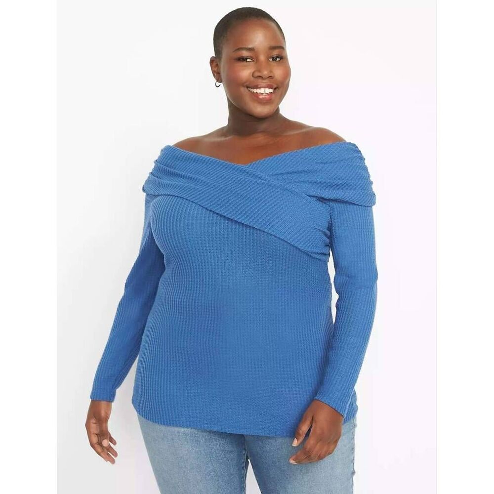 Lane‎ Bryant Pullover Sweater Womens 22/24 Blue Long Sleeve Off Shoulder Comfort